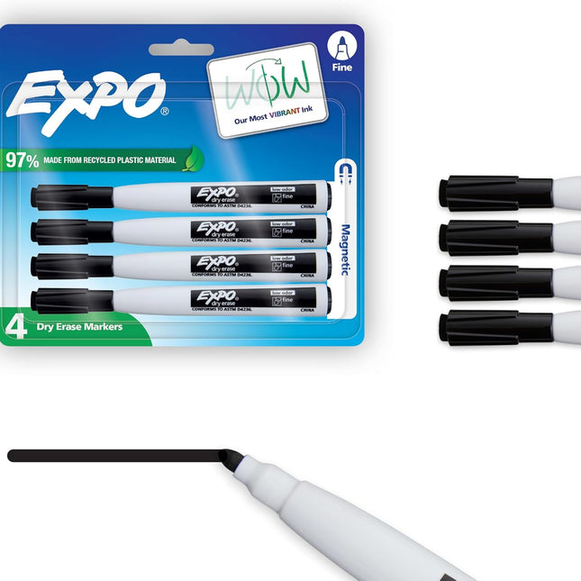 Magnetic Dry Erase Markers with Eraser, Fine Tip, Black, 4-Count