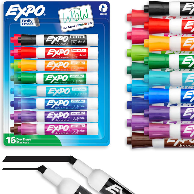 Low Odor Dry Erase Markers, Chisel Tip, Vibrant Colors, 16 Count