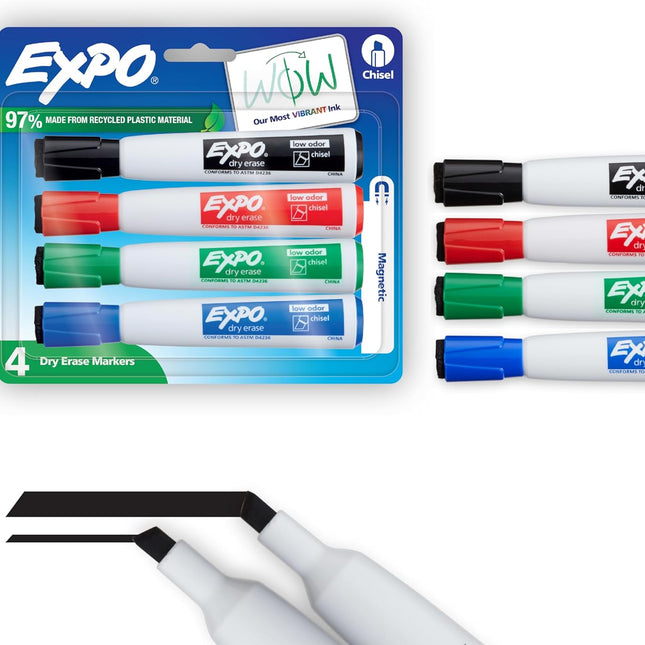 Magnetic Dry Erase Markers with Eraser, Chisel Tip, Assorted, 4-Count