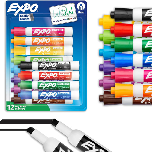 Low Odor Dry Erase Markers, Chisel Tip, Assorted Colors, 12 Count