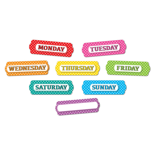 Magnetic Die-Cut Timesavers & Labels, Days of the Week, White Polka Dots On Assorted Colors