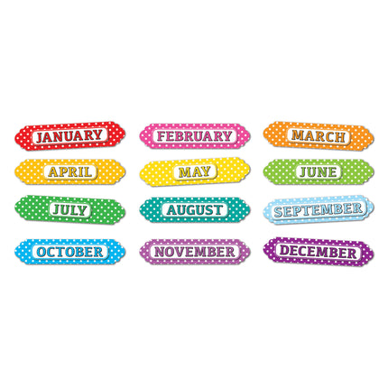 Magnetic Die-Cut Timesavers & Labels, Months of the Year, White Polka Dots On Assorted Colors