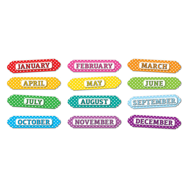 Magnetic Die-Cut Timesavers & Labels, Months of the Year, White Polka Dots On Assorted Colors