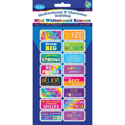 Non-Magnetic Mini Whiteboard Erasers, Motivational/Character Building, Pack of 16
