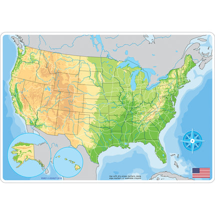 Smart Poly™ Learning Mat, 12" x 17", Double-Sided, U.S. Physical Map