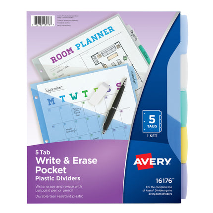 Write & Erase Durable Plastic Dividers with Pockets, 5-Tab Set, Multicolor