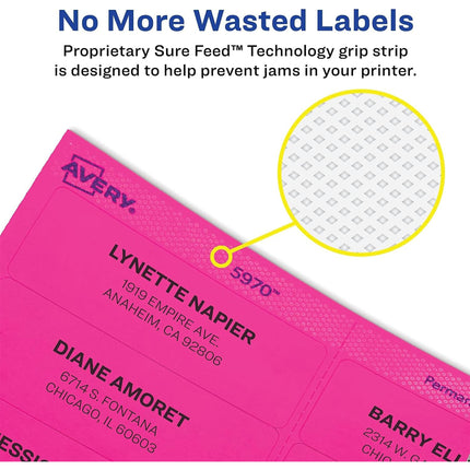 High-Visibility Labels, Permanent Adhesive, Neon Magenta, 1" x 2-5/8", 750 Labels