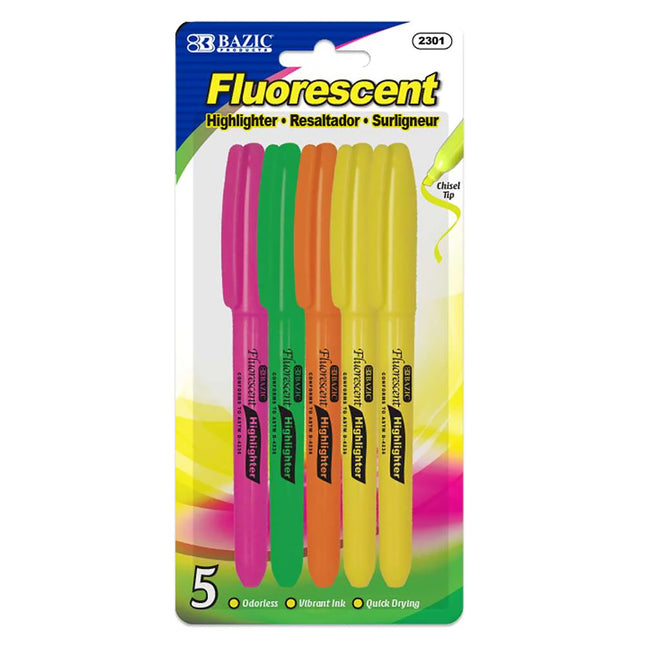 Pen Style Highlighters W/clip, 5ct
