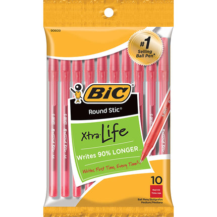 Round Stic® Xtra Life Ballpoint Pen, Medium Point (1.0mm), Red, Pack of 10