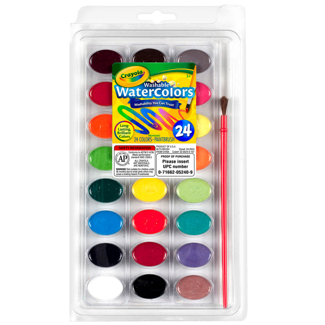Washable Watercolor Pans with Plastic Handled Brush, 24 Colors