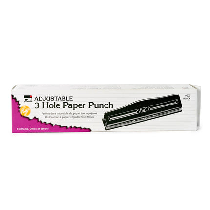 3-Hole Paper Punch, Adjustable Holes, 12 Sheet Capacity, Black