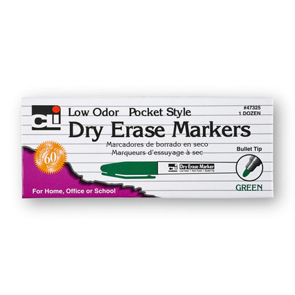Dry Erase Markers, Pocket Style, Green, Bullet Tip, Pack of 12