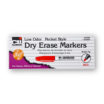 Dry Erase Markers, Pocket Style, Red, Bullet Tip, Pack of 12