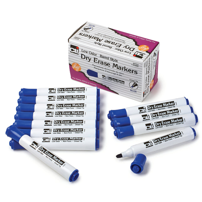 Dry Erase Markers, Barrel Style, Chisel Tip, Blue, Pack of 12