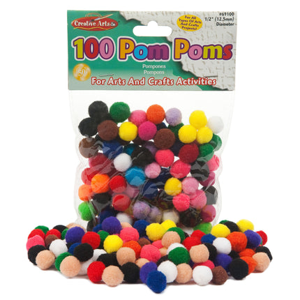 Pom-Poms, 1/2", Assorted Colors, Bag of 100