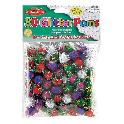 Pom-Poms, 1/2 Inch, Glitter Assorted, Bag of 80
