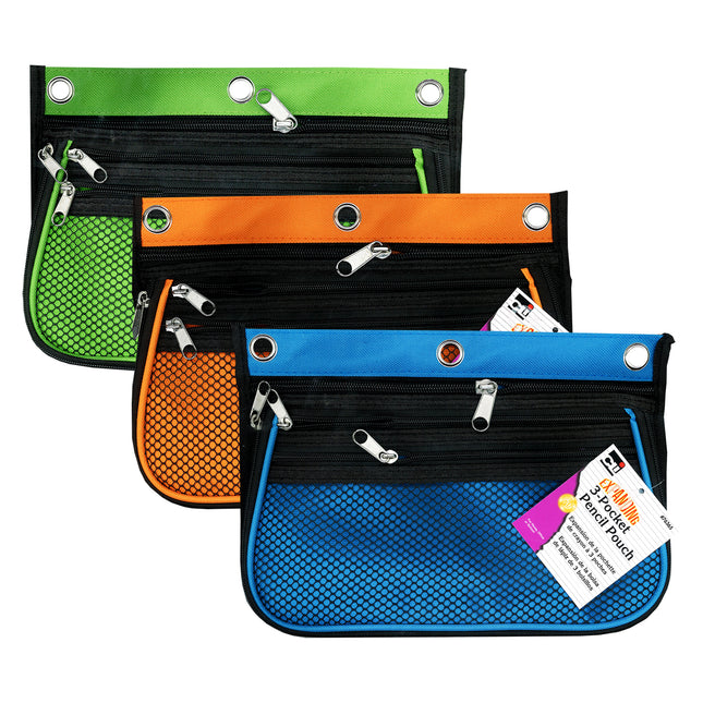 3 Pocket Pencil Pouch - Assorted Colors, Pack of 3