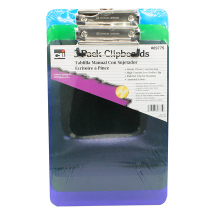 Plastic Clipboard w/Low Profile Clip, Letter, Assorted Translucent Neon Colors, Pack of 3