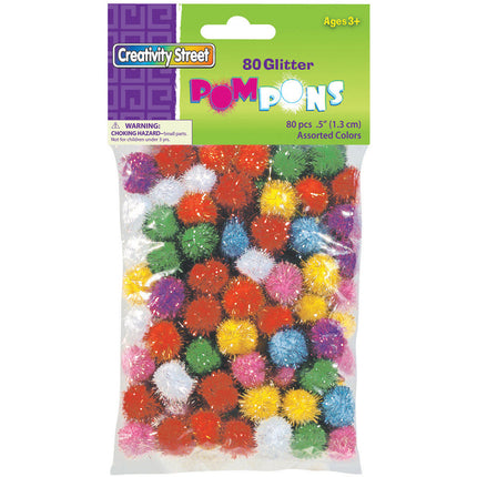 Glitter Pom Pons, Assorted Colors, 80 Pieces