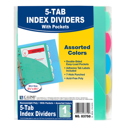 Mini-Size 5-Tab Poly Index Dividers with Pockets, 5/PK