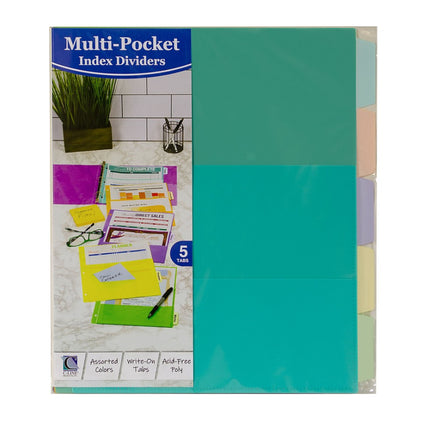 5-Tab Index Dividers with Multi-Pockets, Bright Color Assortment, 8-1/2 x 11