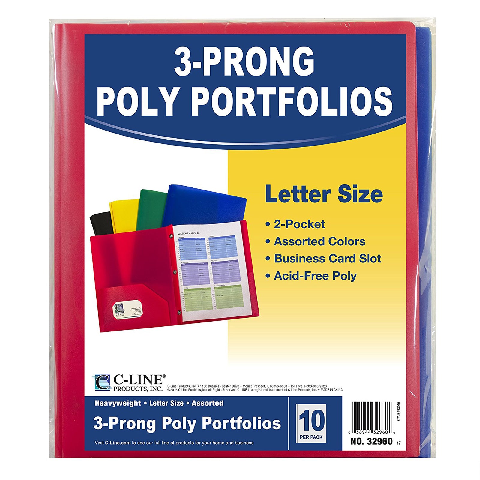 Two-Pocket Heavyweight Poly Portfolio Folder with Prongs, Assorted Pri ...