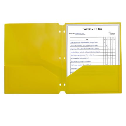 Two-Pocket Heavyweight Poly Portfolio Folder with Three-Hole Punch, Yellow, Pack of 25