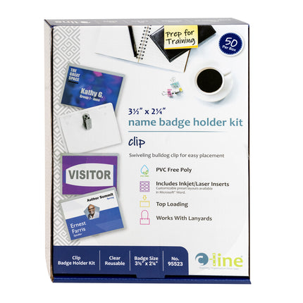 Clip Style Name Badge Holder Kit, Sealed Holders with Inserts, 3-1/2" x 2-1/4", Box of 50