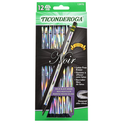 Noir Pencils, Holographic Foil on Black Wood, #2 Soft, Presharpened, Pack of 12