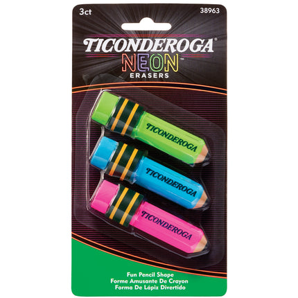 Pencil Shaped Neon Erasers, 3 Count