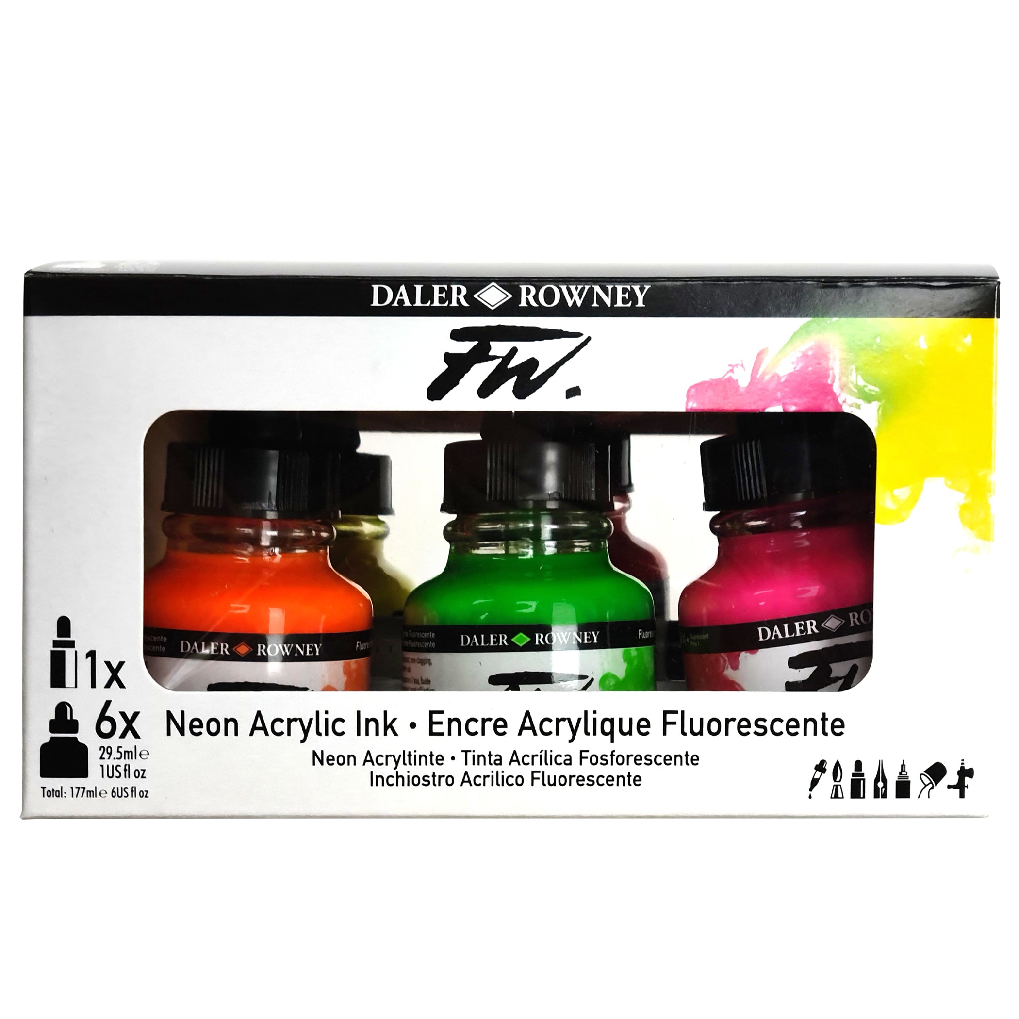 FW Acrylic Ink Neon Set with Empty Marker, Assorted Colors, 29.5ml, 6 ...