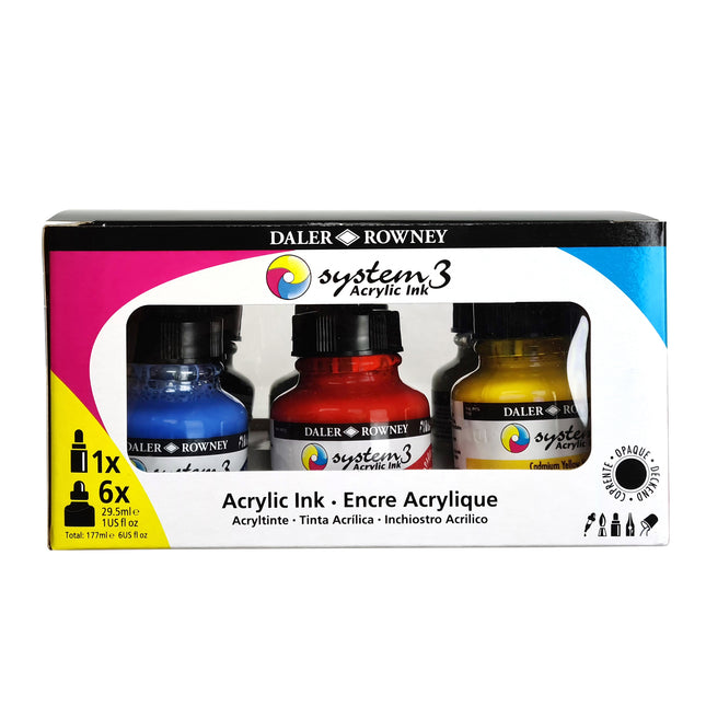 System3 Acrylic Ink Introduction Set with Empty Marker, Assorted Colors, 6 Pieces