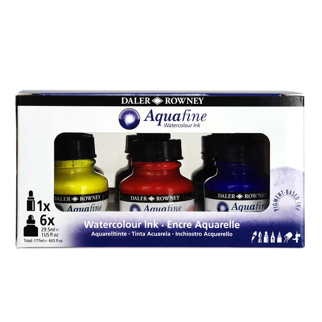 Aquafine Watercolor Ink Introduction Set with Empty Marker, Assorted Colors, 6 Pieces
