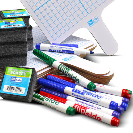 Rectangular Graph Double Sided Dry Erase Answer Paddle, Colored Pens, Erasers, Class Pack of 12