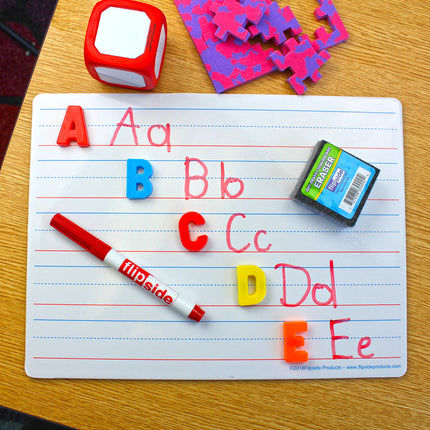Magnetic Two-Sided Dry Erase Boards, Red & Blue Ruled/Plain, 9" x 12", with Erasers & Colored Pens, Class Pack of 12