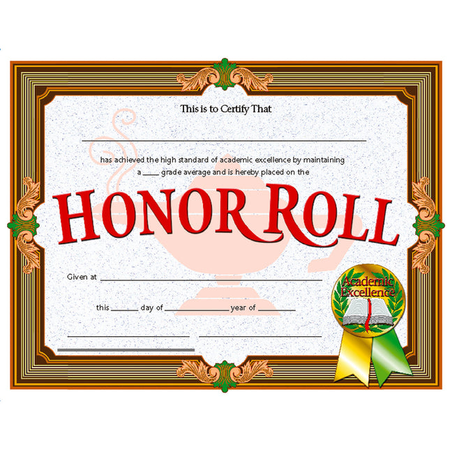 Honor Roll Certificate, 8.5" x 11", Pack of 30