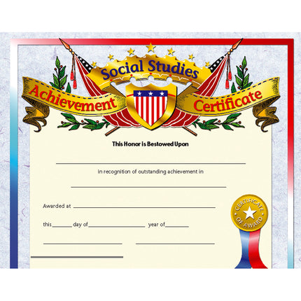 Social Studies Achievement Certificate, 8.5" x 11", Pack of 30