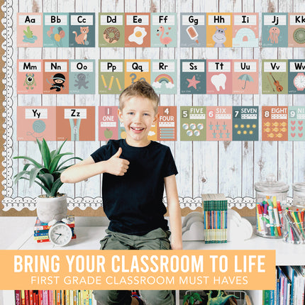 Boho Muted Number Line and Alphabet Letters For Classroom Wall, Set of 12