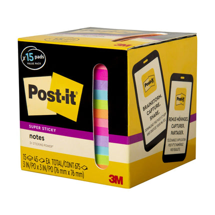 Super Sticky Notes, 3 in. x 3 in., Assorted Bright Colors, 15 Pads/Pack