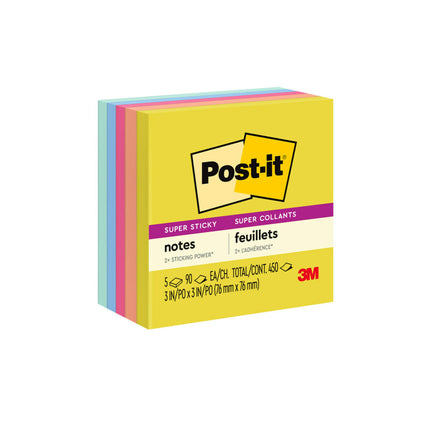 Super Sticky Notes, 3x3 in, Assorted Colors, 90 Sheets/Pad, 5 Pads/Pack