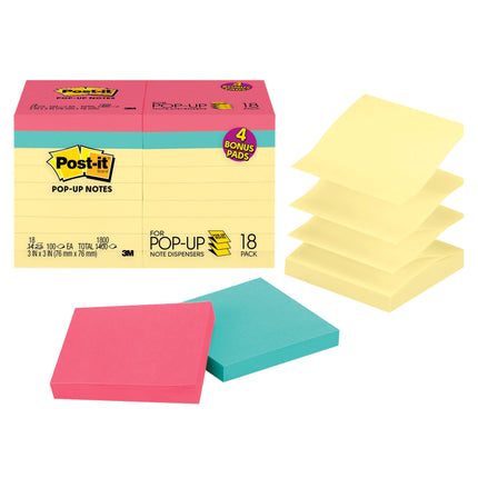 Dispenser Pop-up Notes Value Pack, 3 in x 3 in, Canary Yellow + Assorted, 14 Pads/Pack