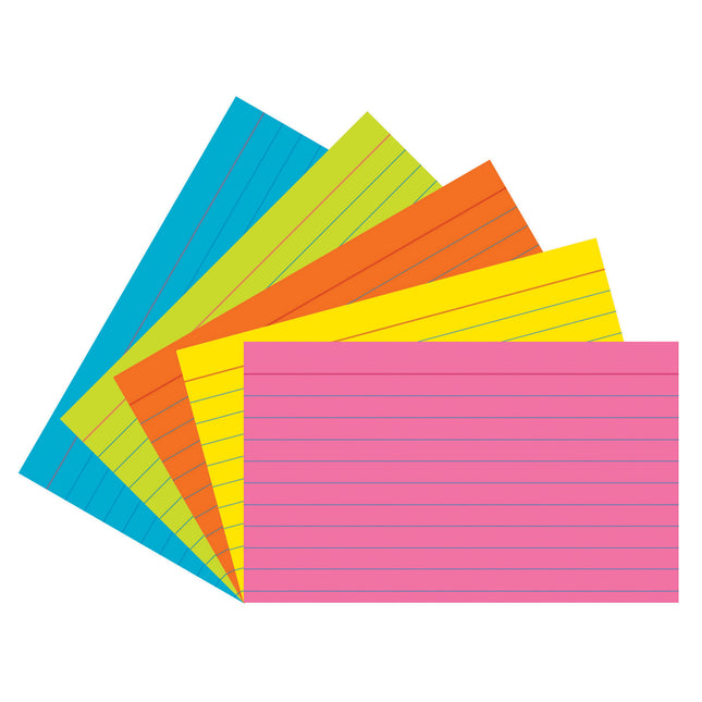 Index Cards, 5 Super Bright Assorted Colors, Ruled, 3" x 5", 75 Cards