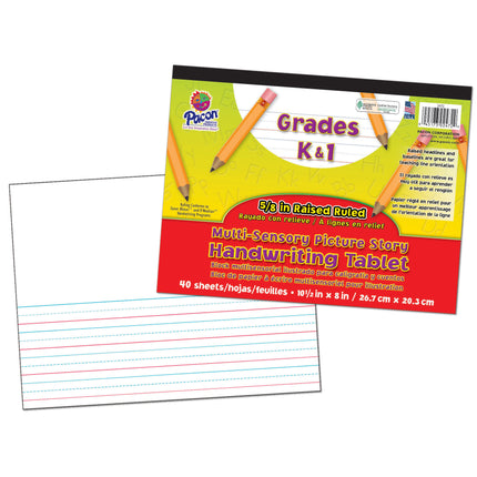 Multi-Sensory Raised Ruled Tablet, Tape Bound, 5/8" x 5/16" x 5/16" Picture Story Ruled Long, 10-1/2" x 8", 40 Sheets