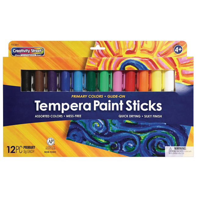 Glide-On Tempera Paint Sticks, 12 Assorted Primary Colors
