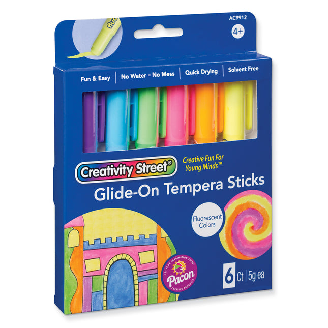 Glide-On Tempera Paint Sticks, 6 Assorted Fluorescent Colors