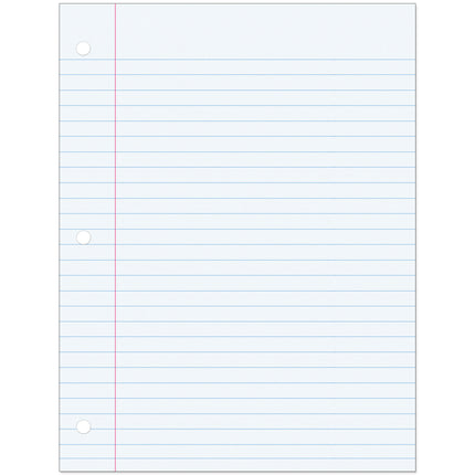 Filler Paper, White, 3-Hole Punched, Red Margin, 3/8" Ruled, 8" x 10.5", 200 Sheets