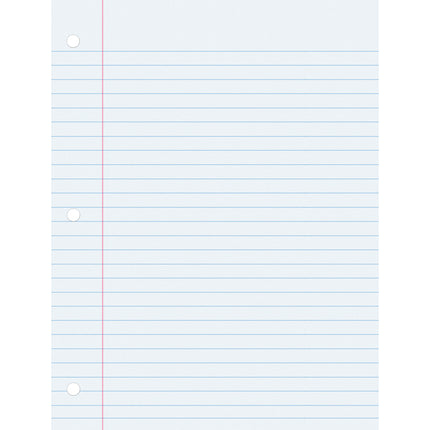 Filler Paper, White, 3-Hole Punched, Red Margin, 3/8" Ruled, 8" x 10-1/2", 150 Sheets