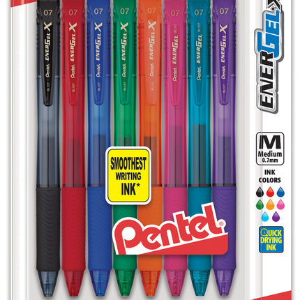 EnerGel-X Retractable Liquid Gel Pen, (0.7mm) Metal Tip, Medium Line, Assorted Ink, 8-Pack