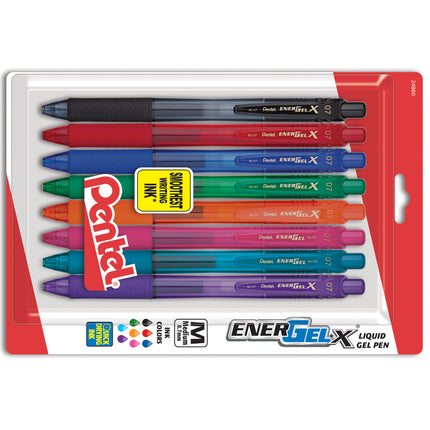EnerGel-X Retractable Liquid Gel Pen, (0.7mm) Metal Tip, Medium Line, Assorted Ink, 8-Pack