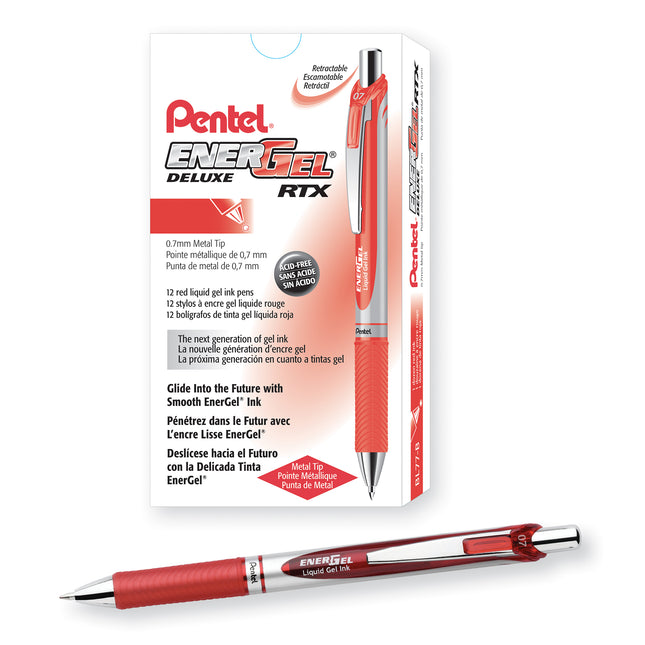 EnerGel RTX Retractable Liquid Gel Pen, Metal Tip, Medium Line, Red Ink, 1 Dozen